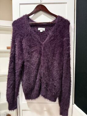 Velvet by Graham & Spencer Deep Plum Fuzzy V-Neck Cardigan